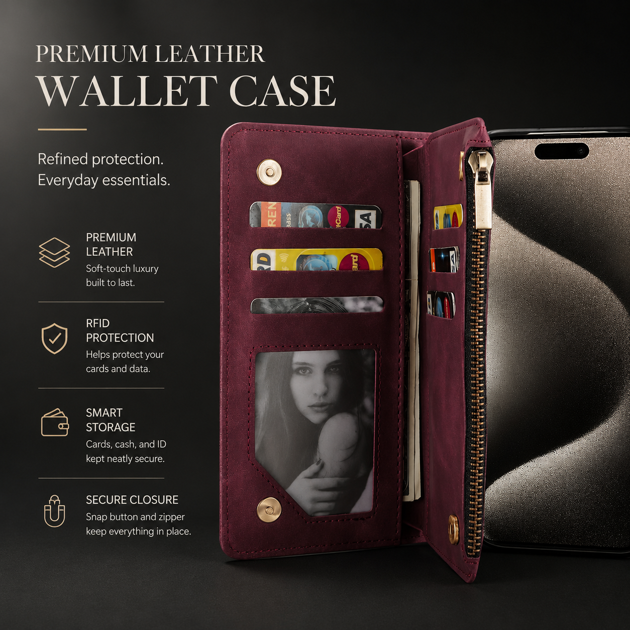 Premium iPhone Case MagSafe Compatible Leather Wallet Cover Card Holder Magnetic Closure Shockproof Protective Camera Lens Guard Slim Design