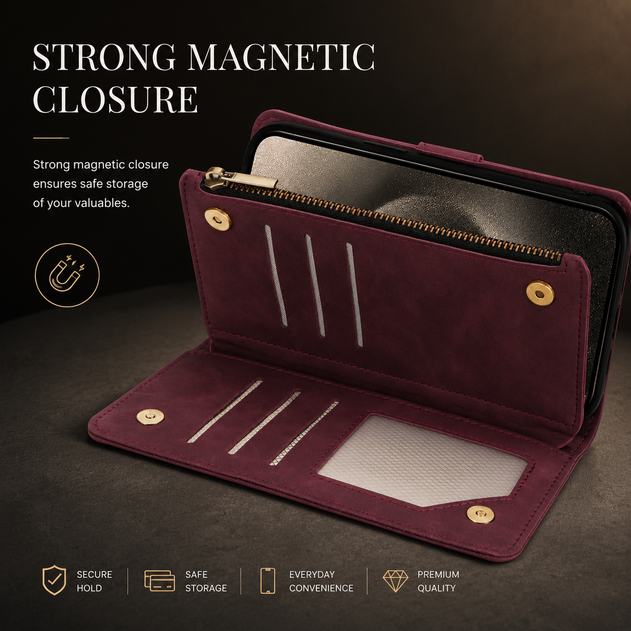 Premium iPhone Case MagSafe Compatible Leather Wallet Cover Card Holder Magnetic Closure Shockproof Protective Camera Lens Guard Slim Design