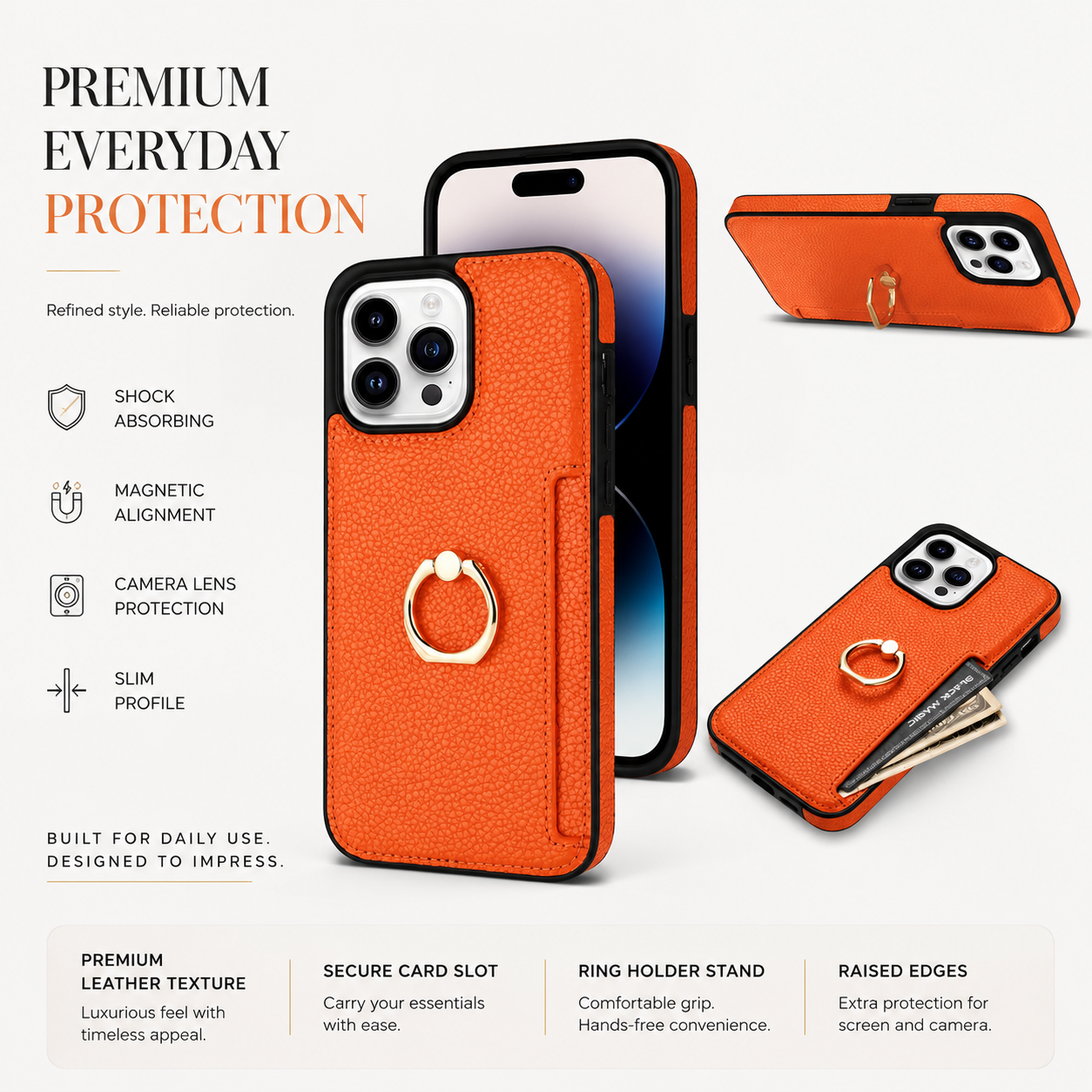 Premium iPhone Case MagSafe Compatible Leather Wallet Cover Card Holder Ring Stand Magnetic Shockproof Protective Camera Lens Protection Slim Design