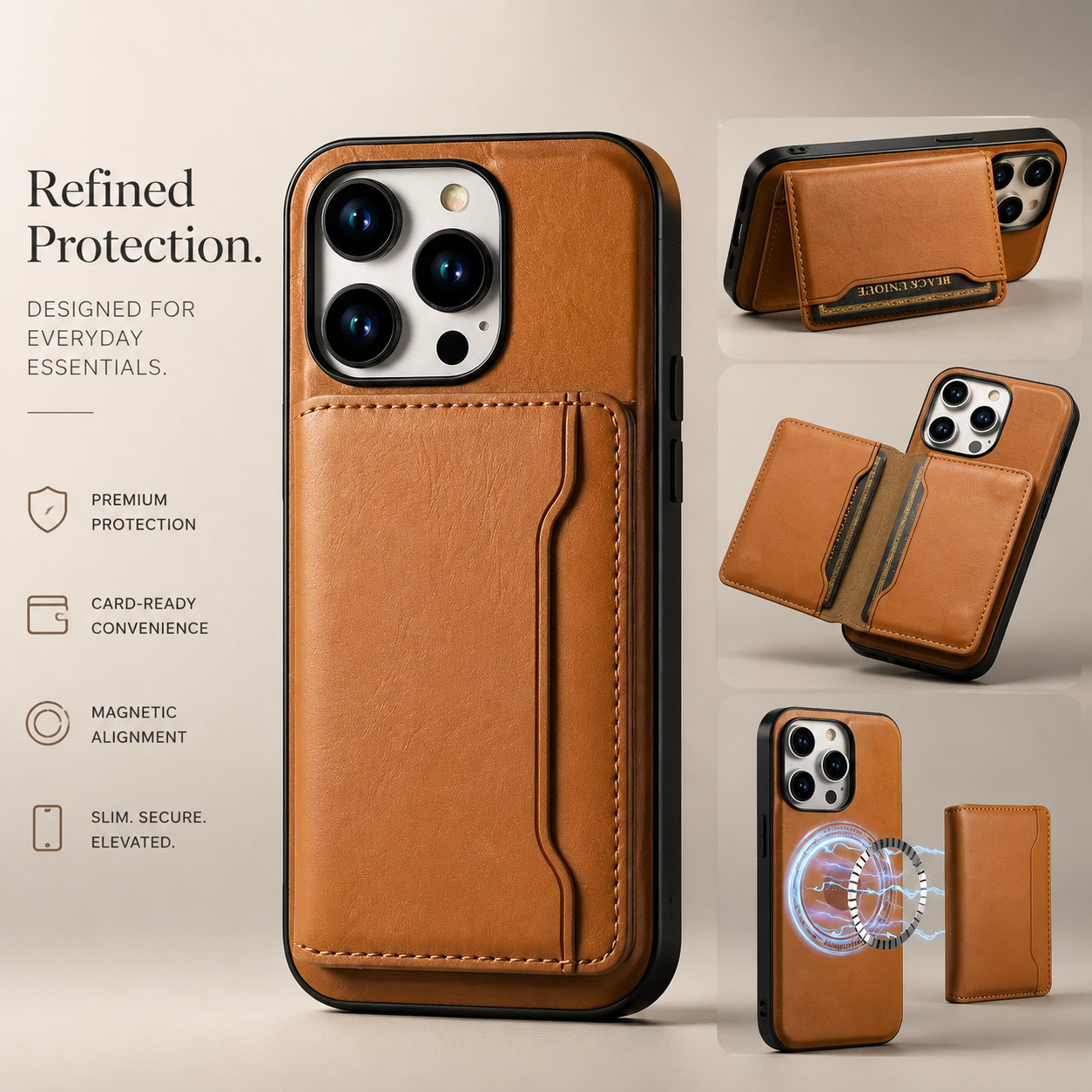 Premium iPhone Case MagSafe Compatible Leather Wallet Cover Magnetic Card Holder Shockproof Protective Camera Lens Guard Slim Design