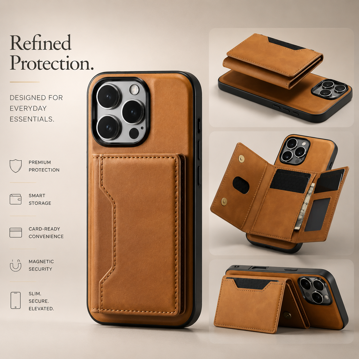 Premium iPhone Case MagSafe Compatible Leather Wallet Cover Magnetic Card Holder Shockproof Protective Camera Lens Guard Slim Design