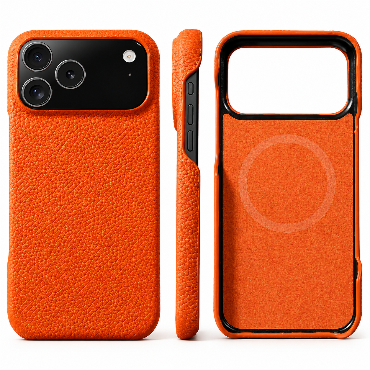 Premium iPhone Case MagSafe Compatible Lychee Cowhide Leather PC Shockproof Luxury Protective Cover Handmade Full Coverage Magnetic Back Design