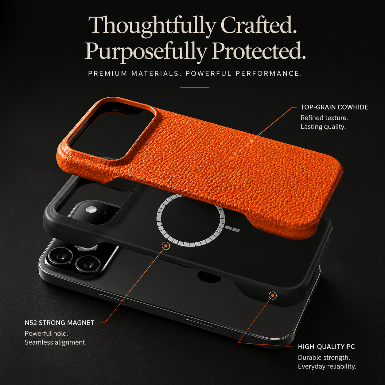 Premium iPhone Case MagSafe Compatible Lychee Cowhide Leather PC Shockproof Luxury Protective Cover Handmade Full Coverage Magnetic Back Design