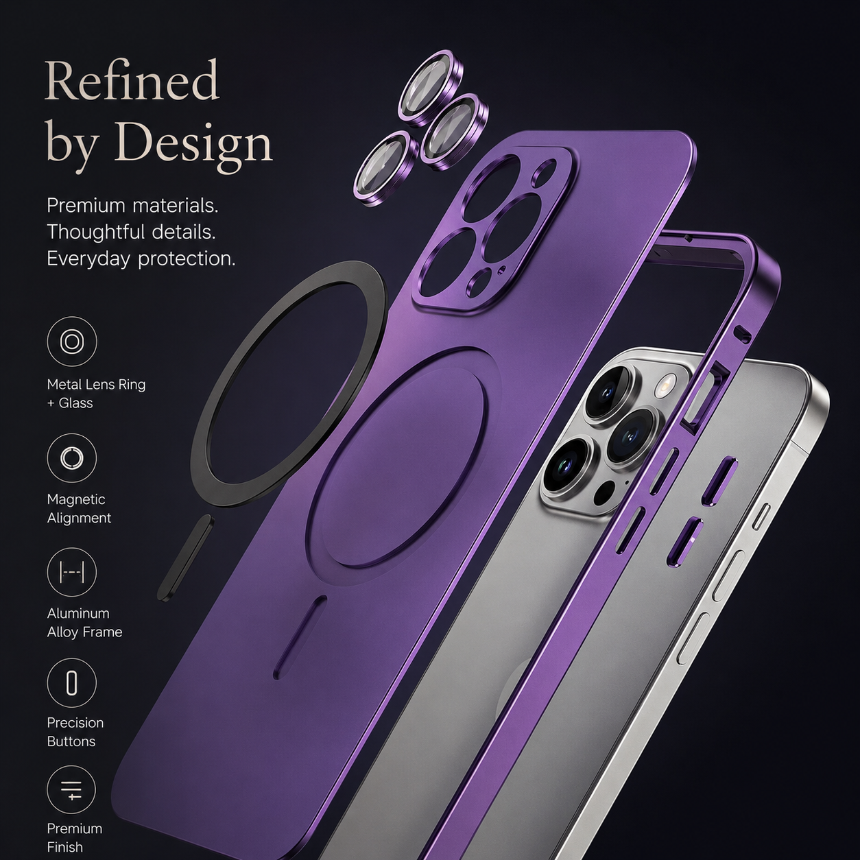 Premium iPhone Case MagSafe Compatible Magnetic Aluminum Frame Protective Cover PC Hard Back Shockproof Matte Anti Fingerprint Slim Full Coverage Design
