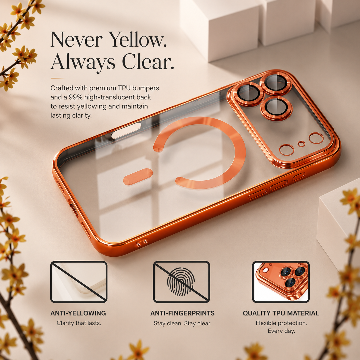 Premium iPhone Case MagSafe Compatible Magnetic Clear Protective Cover TPU Shockproof Camera Lens Protection Anti Fingerprint Anti Scratch Slim Half Wrapped