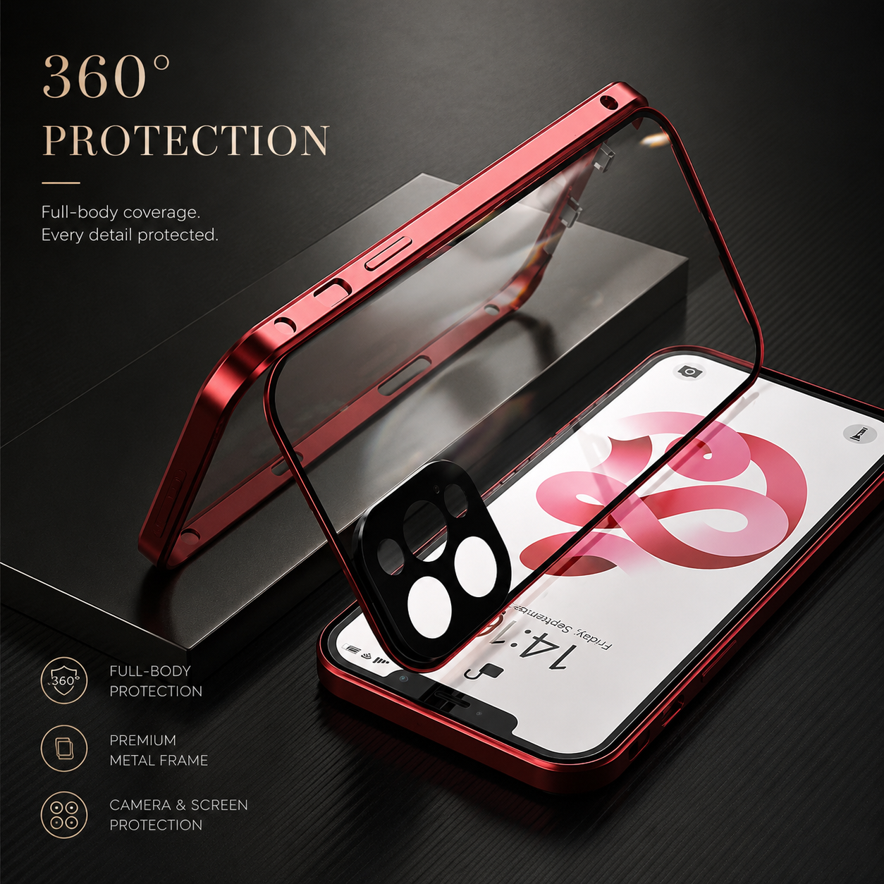 Premium iPhone Case MagSafe Compatible Magnetic Cover Double Sided Tempered Glass Metal Frame Sealed 360 Full Body Shockproof Camera Lens Protection Slim Design