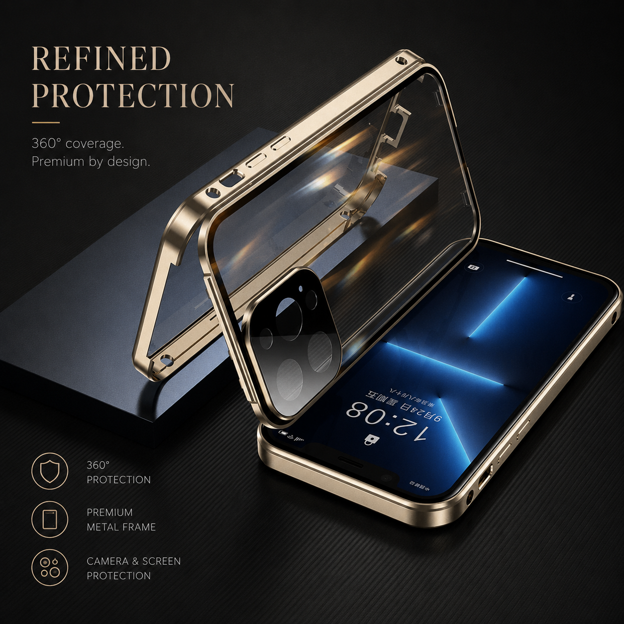 Premium iPhone Case MagSafe Compatible Magnetic Cover Double Sided Tempered Glass Metal Frame Sealed 360 Full Body Shockproof Camera Lens Protection Slim Design