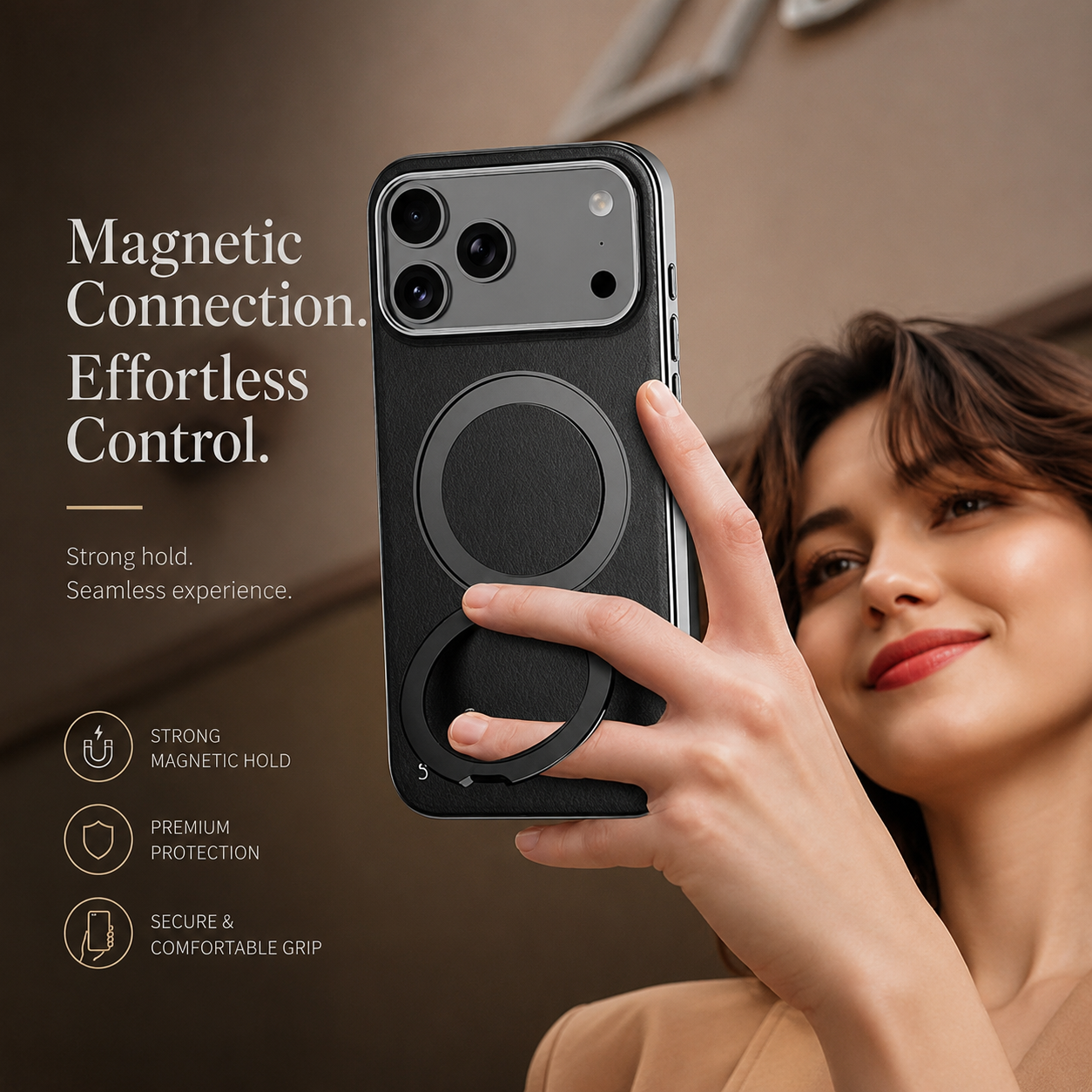 Premium iPhone Case MagSafe Compatible Magnetic Leather Cover Cowhide Ring Holder 360 Rotating Stand Shockproof Camera Protection PC TPU Full Coverage