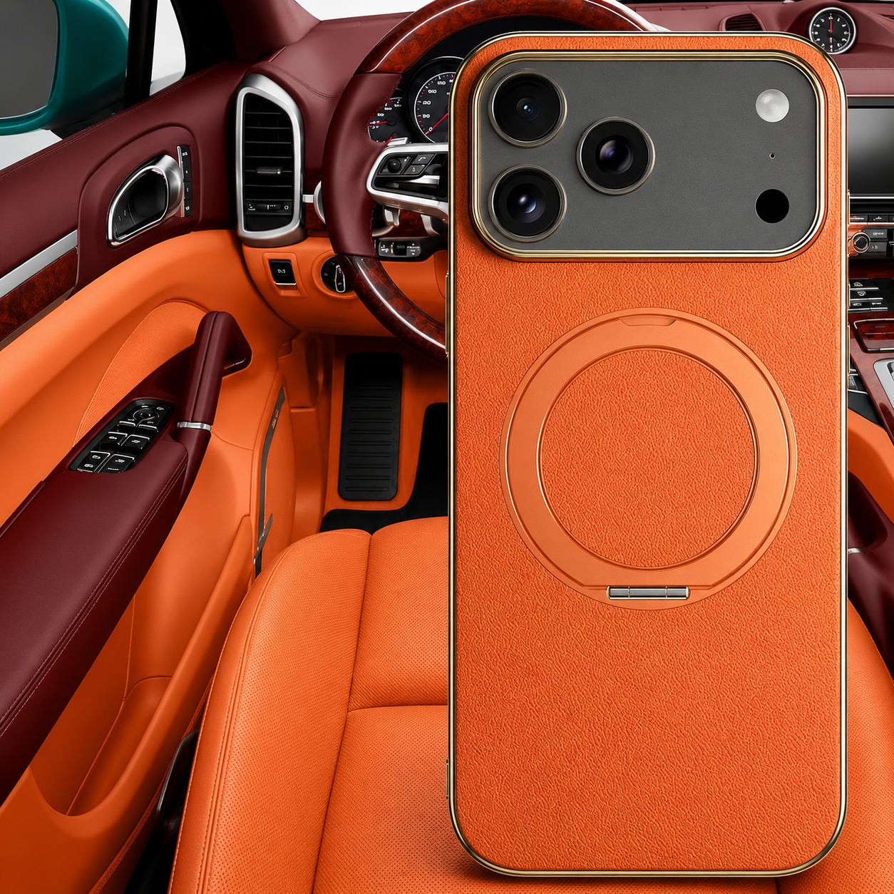 Premium iPhone Case MagSafe Compatible Magnetic Leather Cover Cowhide Ring Holder 360 Rotating Stand Shockproof Camera Protection PC TPU Full Coverage