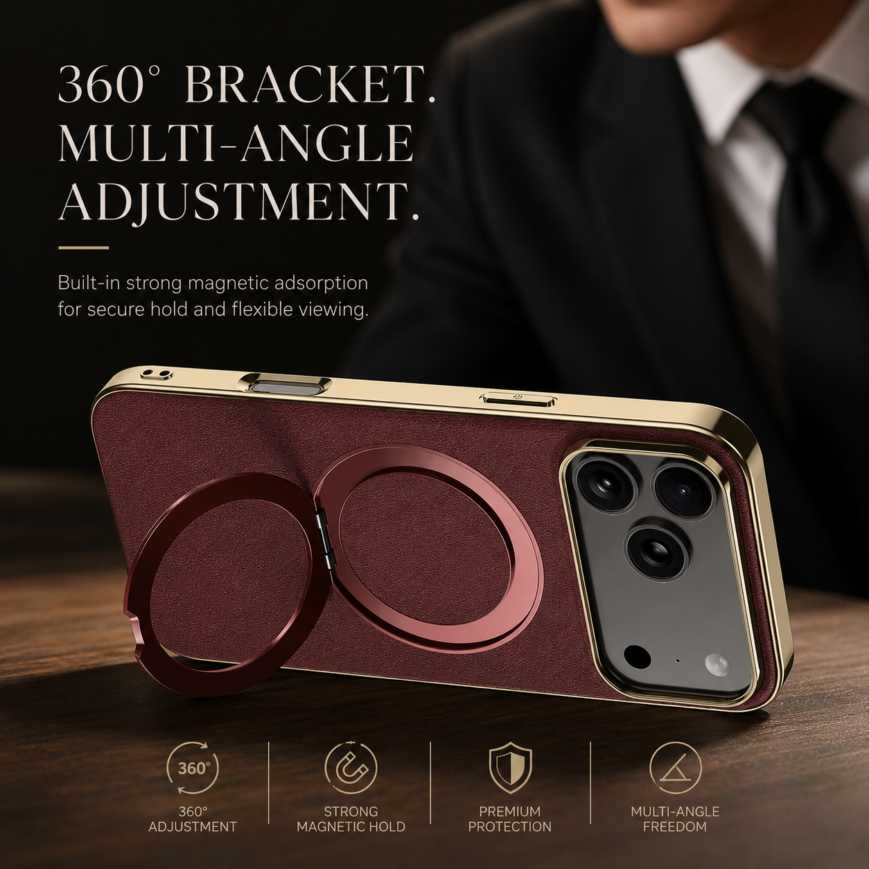 Premium iPhone Case MagSafe Compatible Magnetic Leather Cover Cowhide Ring Holder 360 Rotating Stand Shockproof Camera Protection PC TPU Full Coverage