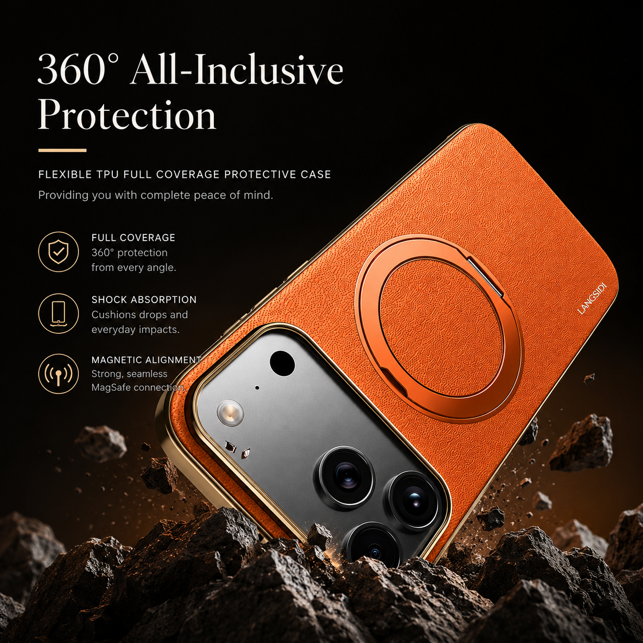 Premium iPhone Case MagSafe Compatible Magnetic Leather Cover Cowhide Ring Holder 360 Rotating Stand Shockproof Camera Protection PC TPU Full Coverage