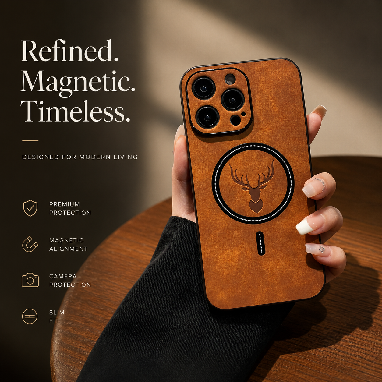 Premium iPhone Case MagSafe Compatible Magnetic Leather Cover Deer Head Design Shockproof Soft Protection Anti Fingerprint Matte Non Slip Slim