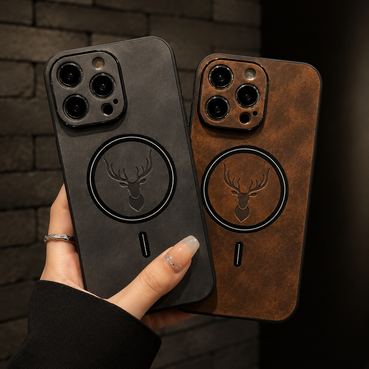 Premium iPhone Case MagSafe Compatible Magnetic Leather Cover Deer Head Design Shockproof Soft Protection Anti Fingerprint Matte Non Slip Slim