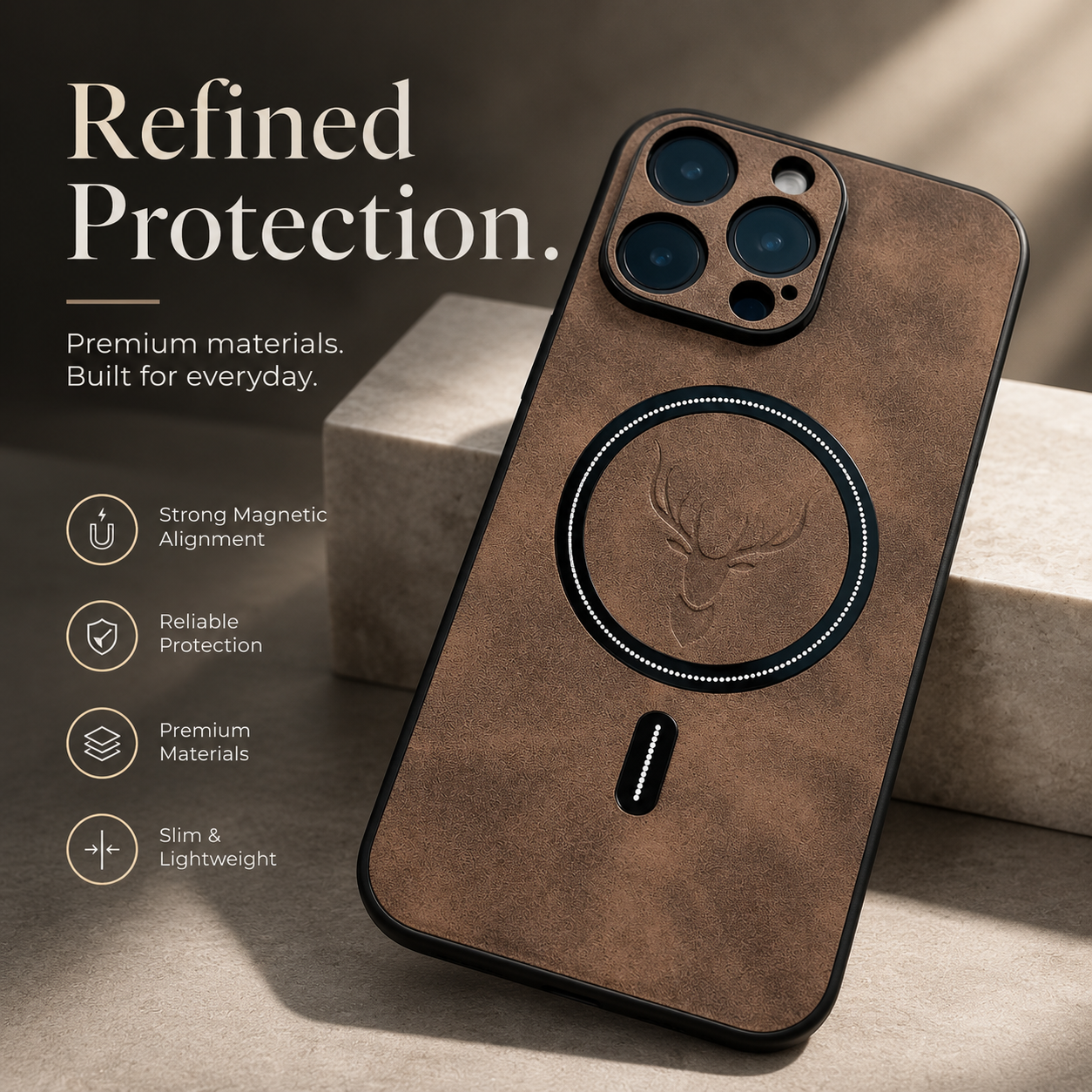 Premium iPhone Case MagSafe Compatible Magnetic Leather Cover Deer Head Design Shockproof Soft Protection Anti Fingerprint Matte Non Slip Slim