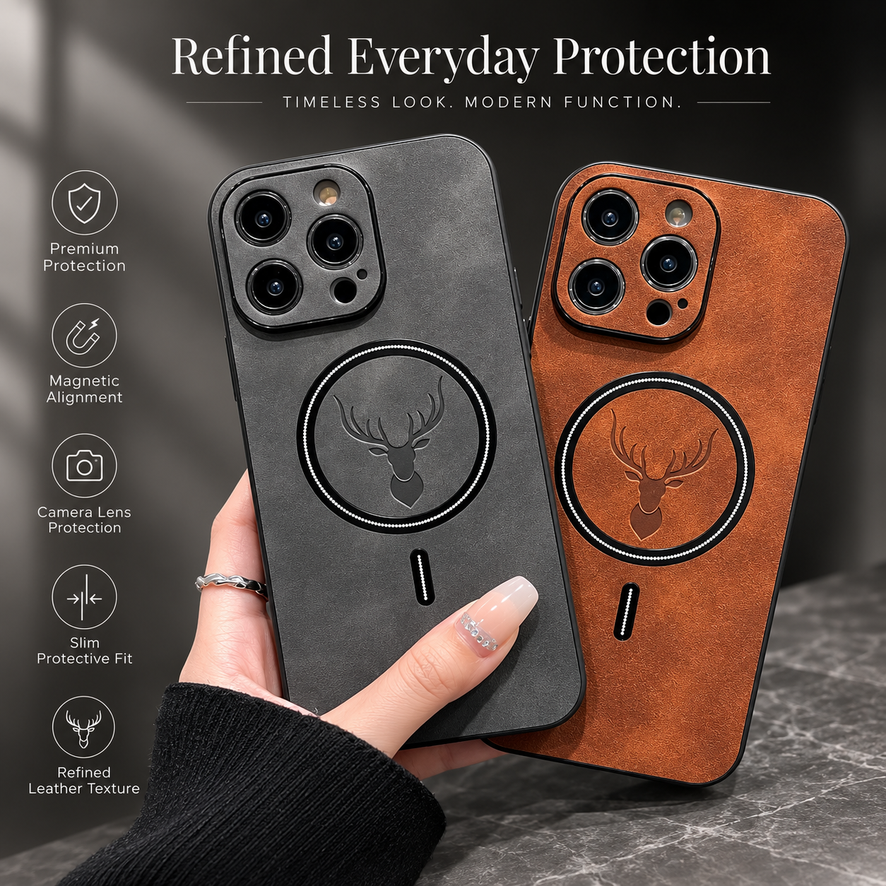 Premium iPhone Case MagSafe Compatible Magnetic Leather Cover Deer Head Design Shockproof Soft Protection Anti Fingerprint Matte Non Slip Slim