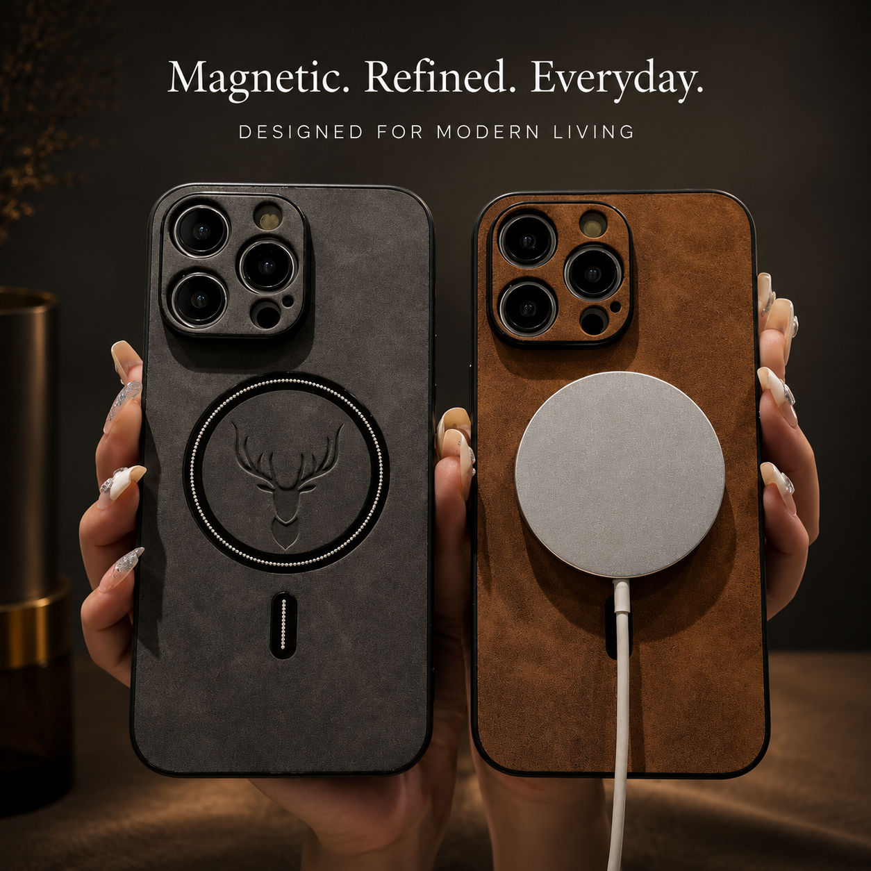 Premium iPhone Case MagSafe Compatible Magnetic Leather Cover Deer Head Design Shockproof Soft Protection Anti Fingerprint Matte Non Slip Slim