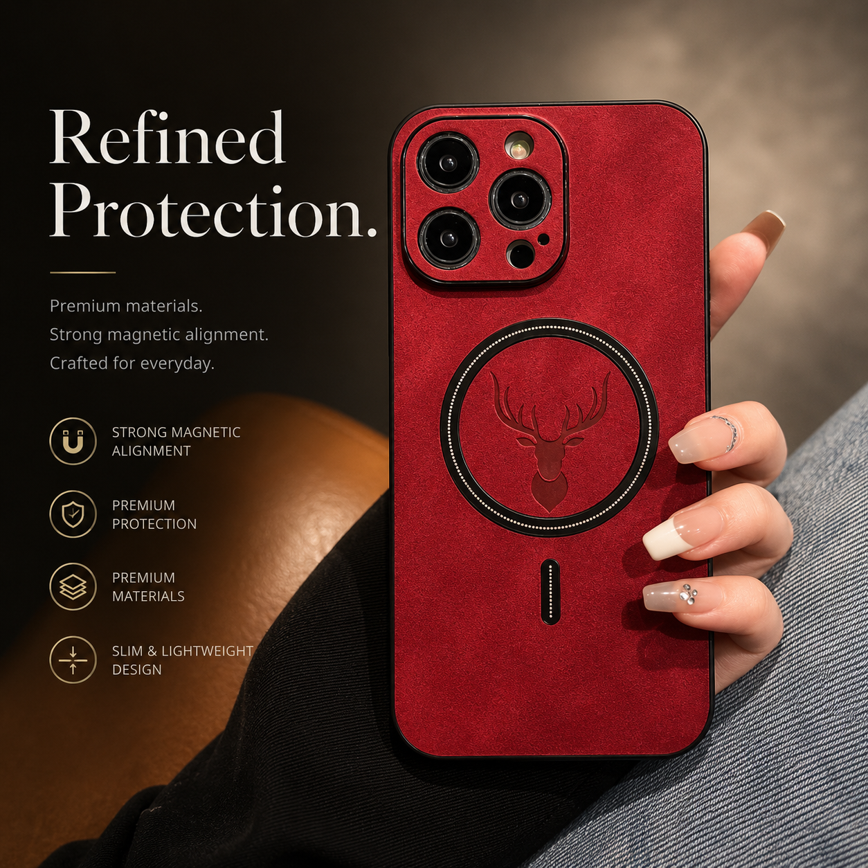 Premium iPhone Case MagSafe Compatible Magnetic Leather Cover Deer Head Design Shockproof Soft Protection Anti Fingerprint Matte Non Slip Slim