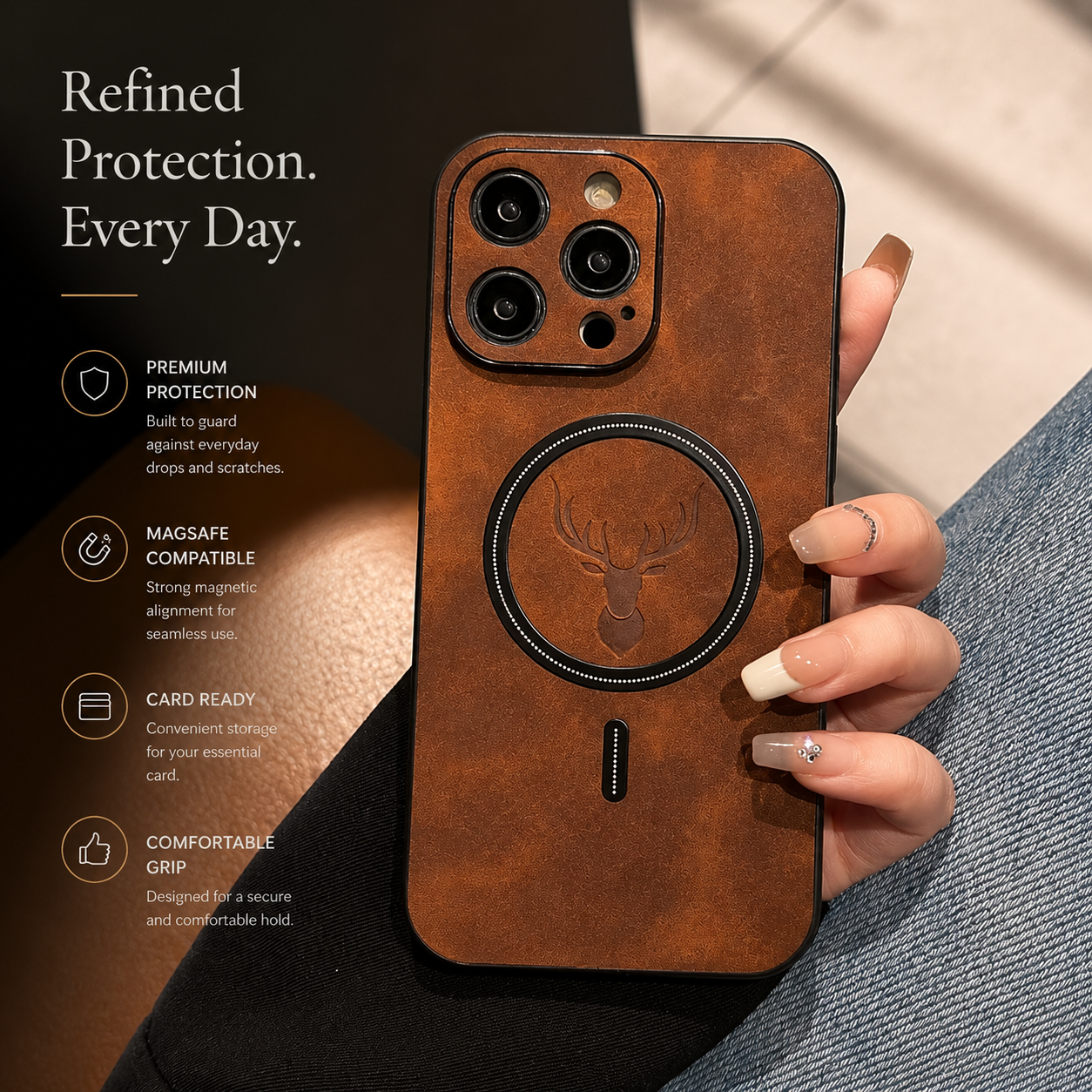 Premium iPhone Case MagSafe Compatible Magnetic Leather Cover Deer Head Design Shockproof Soft Protection Anti Fingerprint Matte Non Slip Slim