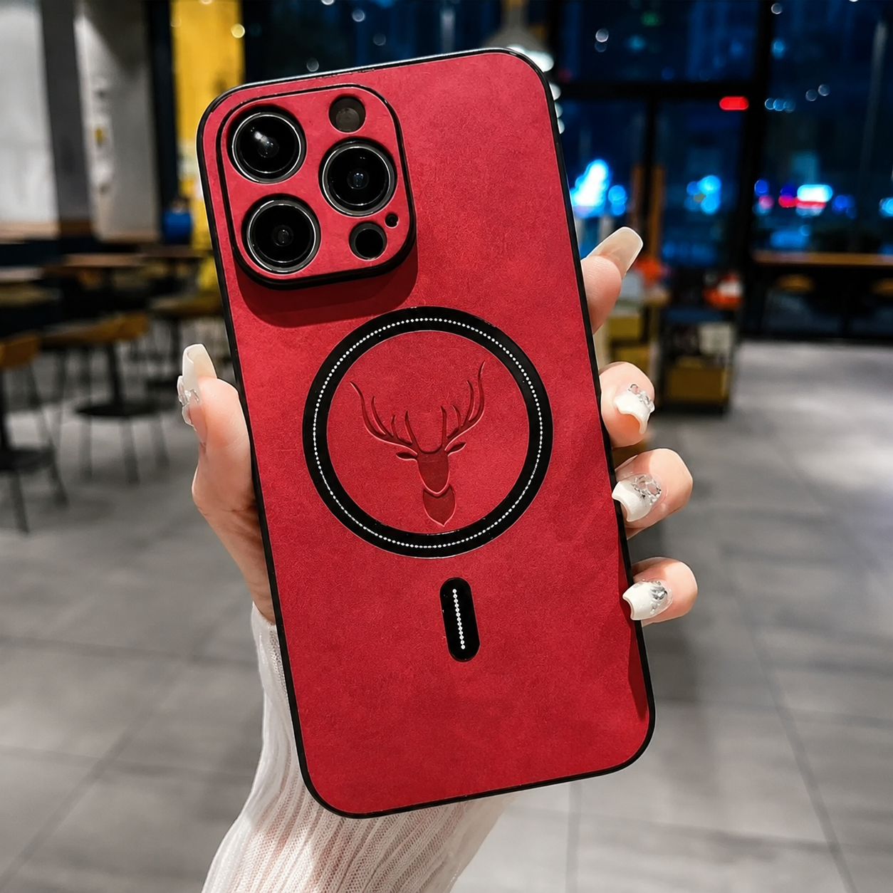 Premium iPhone Case MagSafe Compatible Magnetic Leather Cover Deer Head Design Shockproof Soft Protection Anti Fingerprint Matte Non Slip Slim