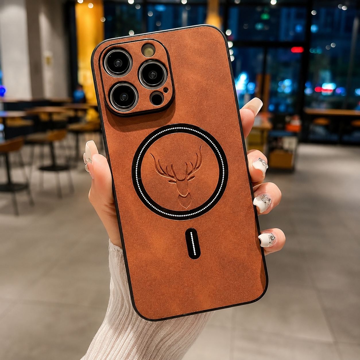 Premium iPhone Case MagSafe Compatible Magnetic Leather Cover Deer Head Design Shockproof Soft Protection Anti Fingerprint Matte Non Slip Slim