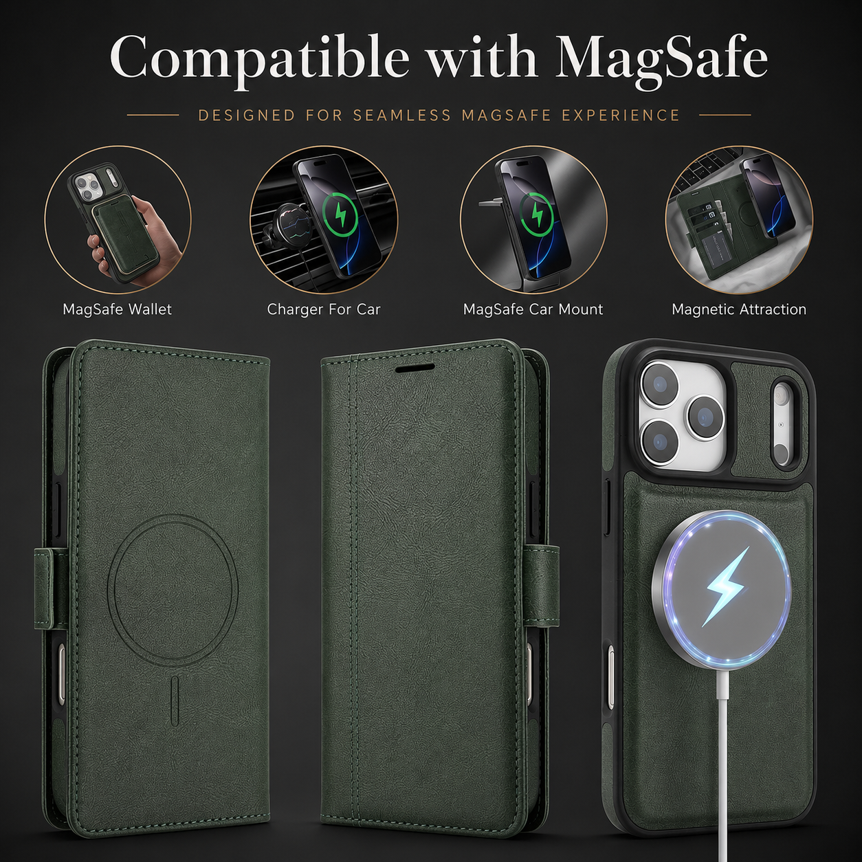 Premium iPhone Case MagSafe Compatible Magnetic Leather Wallet Cover Flip Card Holder Dual Layer Shockproof Matte Anti Fingerprint Protective Full Coverage