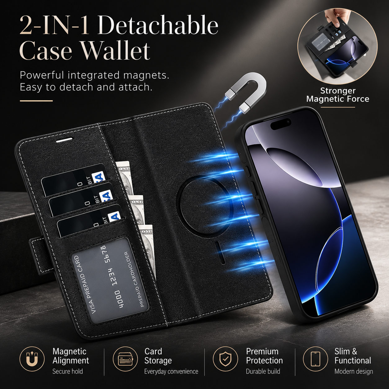 Premium iPhone Case MagSafe Compatible Magnetic Leather Wallet Cover Flip Card Holder Dual Layer Shockproof Matte Anti Fingerprint Protective Full Coverage