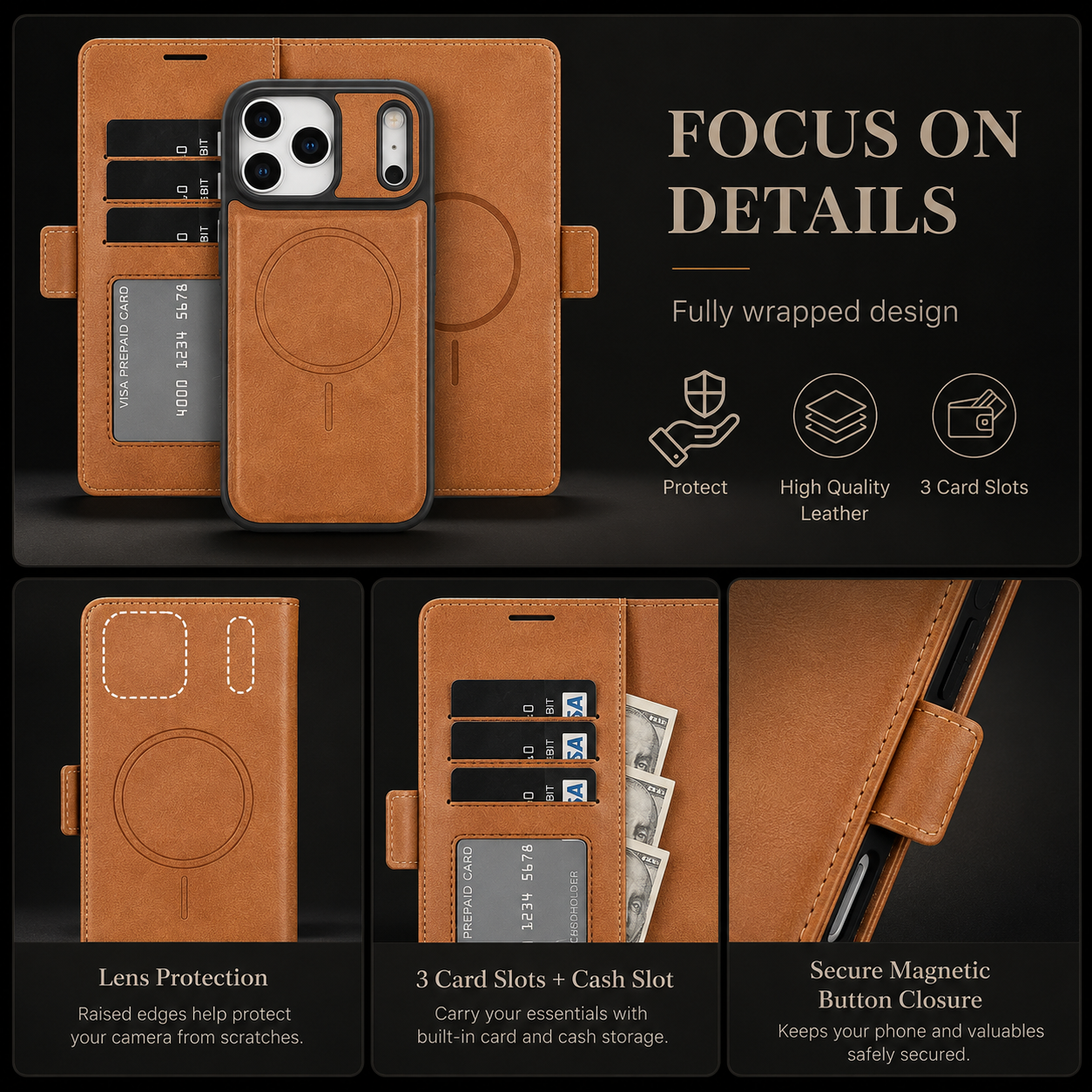 Premium iPhone Case MagSafe Compatible Magnetic Leather Wallet Cover Flip Card Holder Dual Layer Shockproof Matte Anti Fingerprint Protective Full Coverage