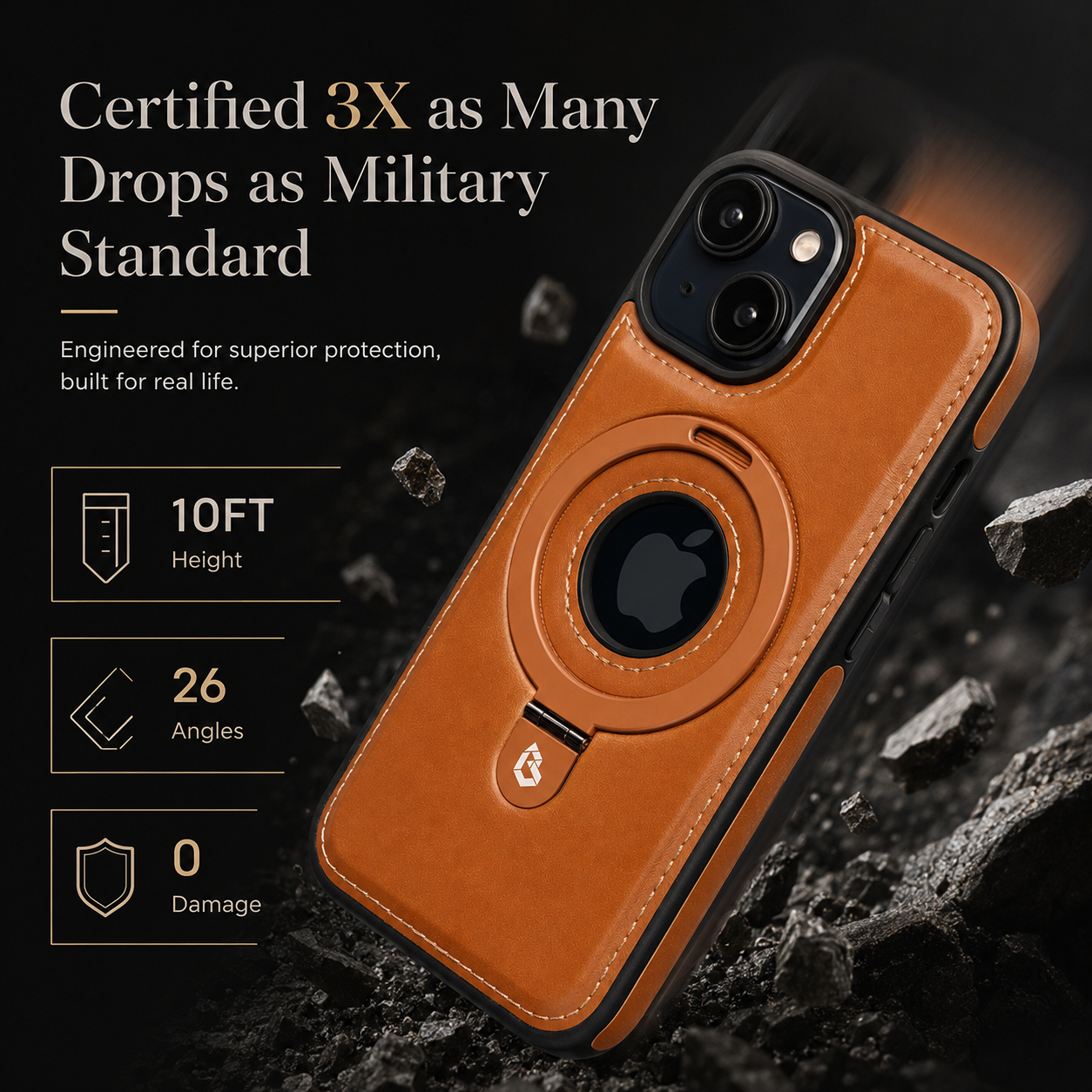 Premium iPhone Case MagSafe Compatible PU Leather Ring Stand Magnetic Cover 360 Rotating Kickstand Shockproof Camera Lens Protection Slim Design