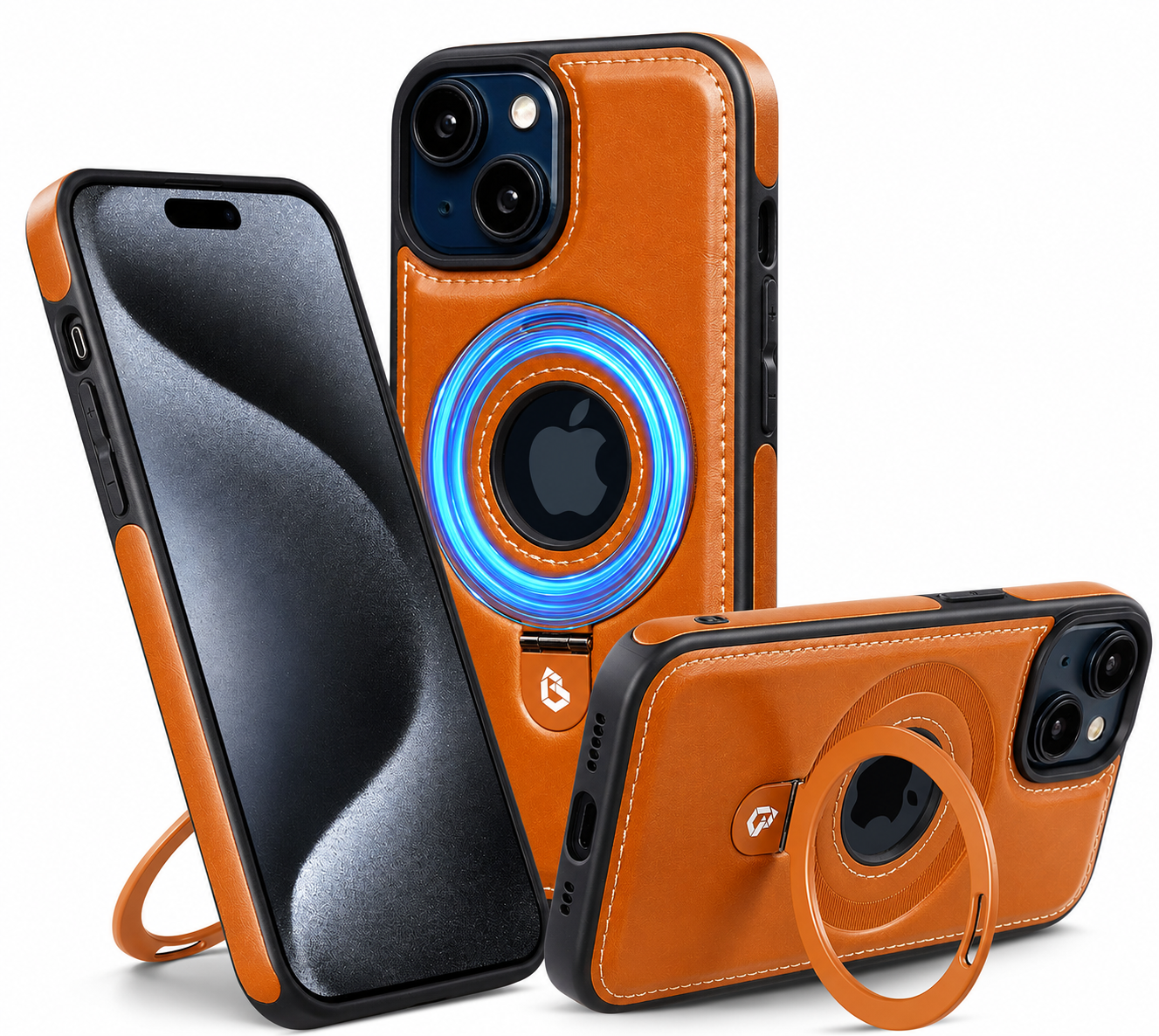 Premium iPhone Case MagSafe Compatible PU Leather Ring Stand Magnetic Cover 360 Rotating Kickstand Shockproof Camera Lens Protection Slim Design
