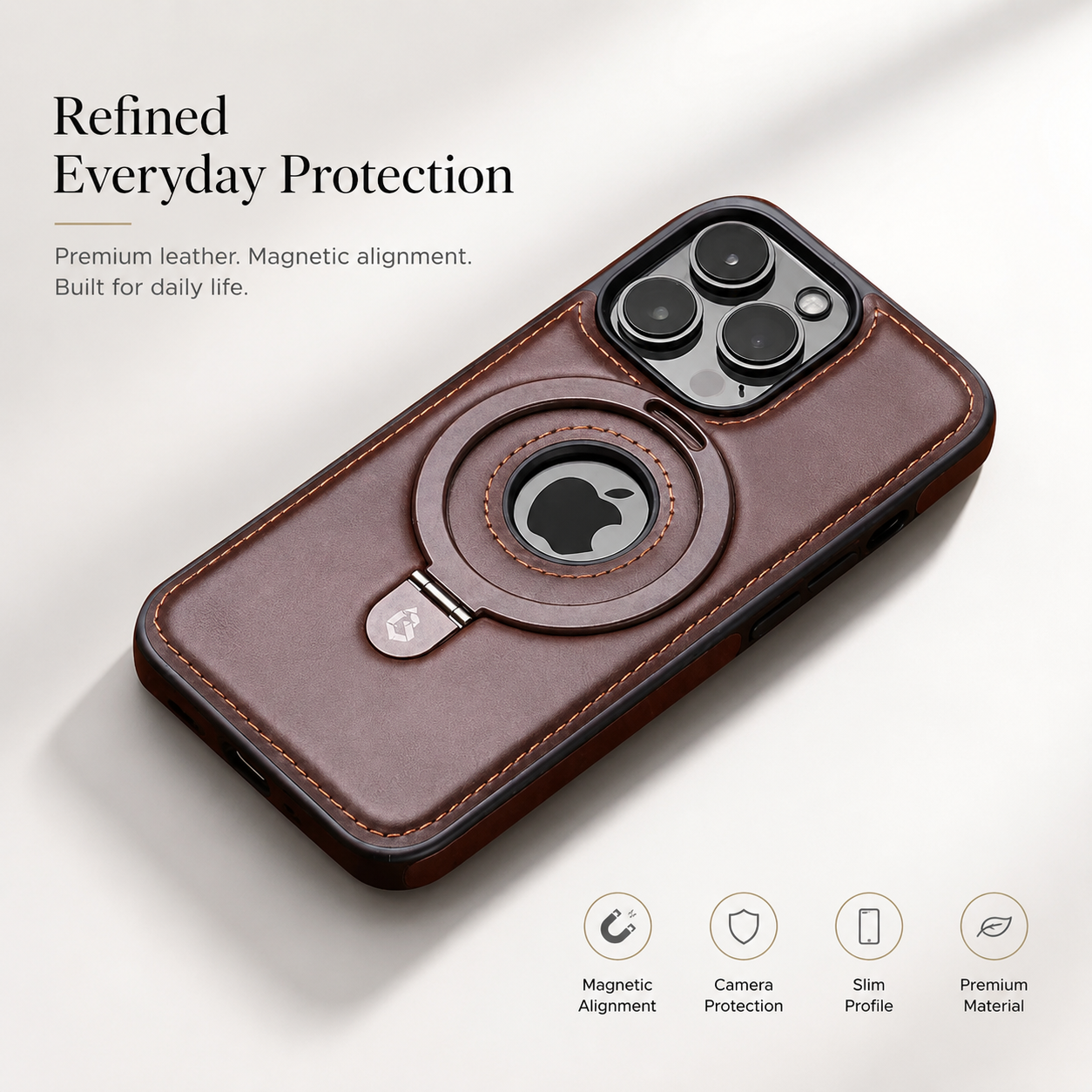 Premium iPhone Case MagSafe Compatible PU Leather Ring Stand Magnetic Cover 360 Rotating Kickstand Shockproof Camera Lens Protection Slim Design
