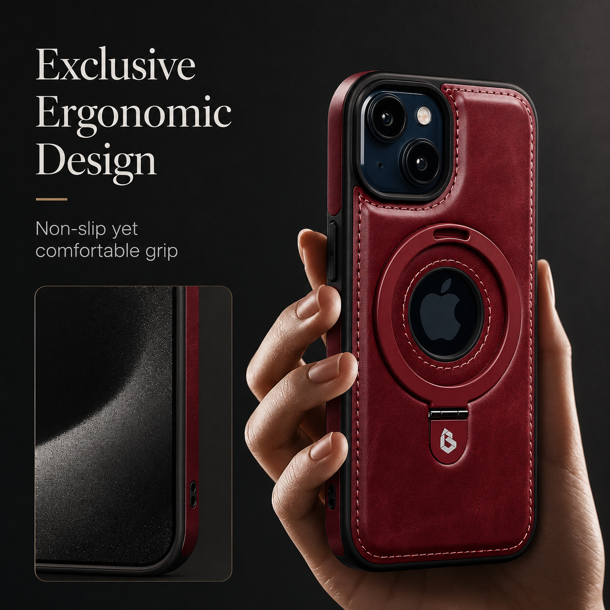 Premium iPhone Case MagSafe Compatible PU Leather Ring Stand Magnetic Cover 360 Rotating Kickstand Shockproof Camera Lens Protection Slim Design