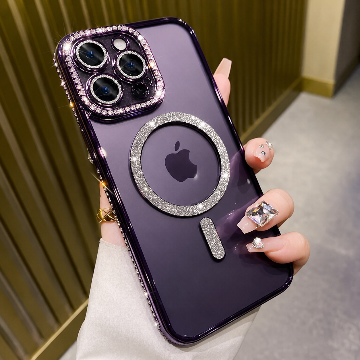 Premium iPhone Case MagSafe Compatible Pink Glitter Clear Magnetic Cover Diamond Texture Shockproof Protective Camera Lens Guard Slim Design