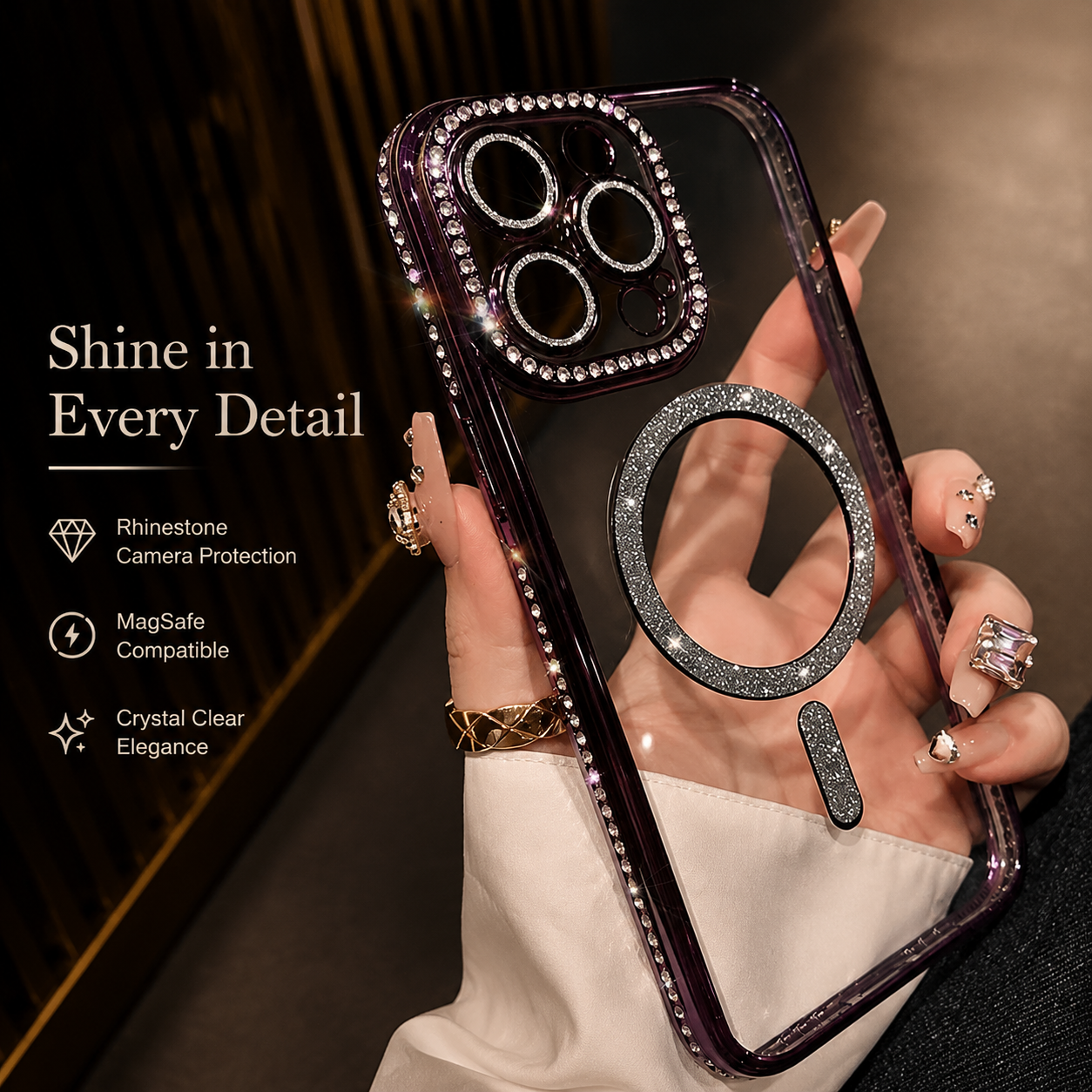 Premium iPhone Case MagSafe Compatible Pink Glitter Clear Magnetic Cover Diamond Texture Shockproof Protective Camera Lens Guard Slim Design