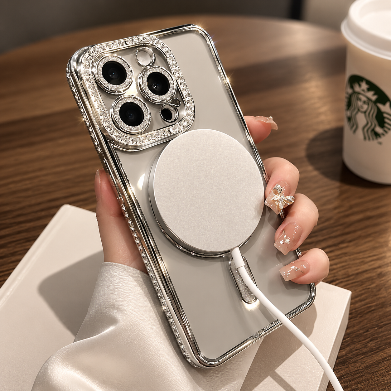 Premium iPhone Case MagSafe Compatible Pink Glitter Clear Magnetic Cover Diamond Texture Shockproof Protective Camera Lens Guard Slim Design