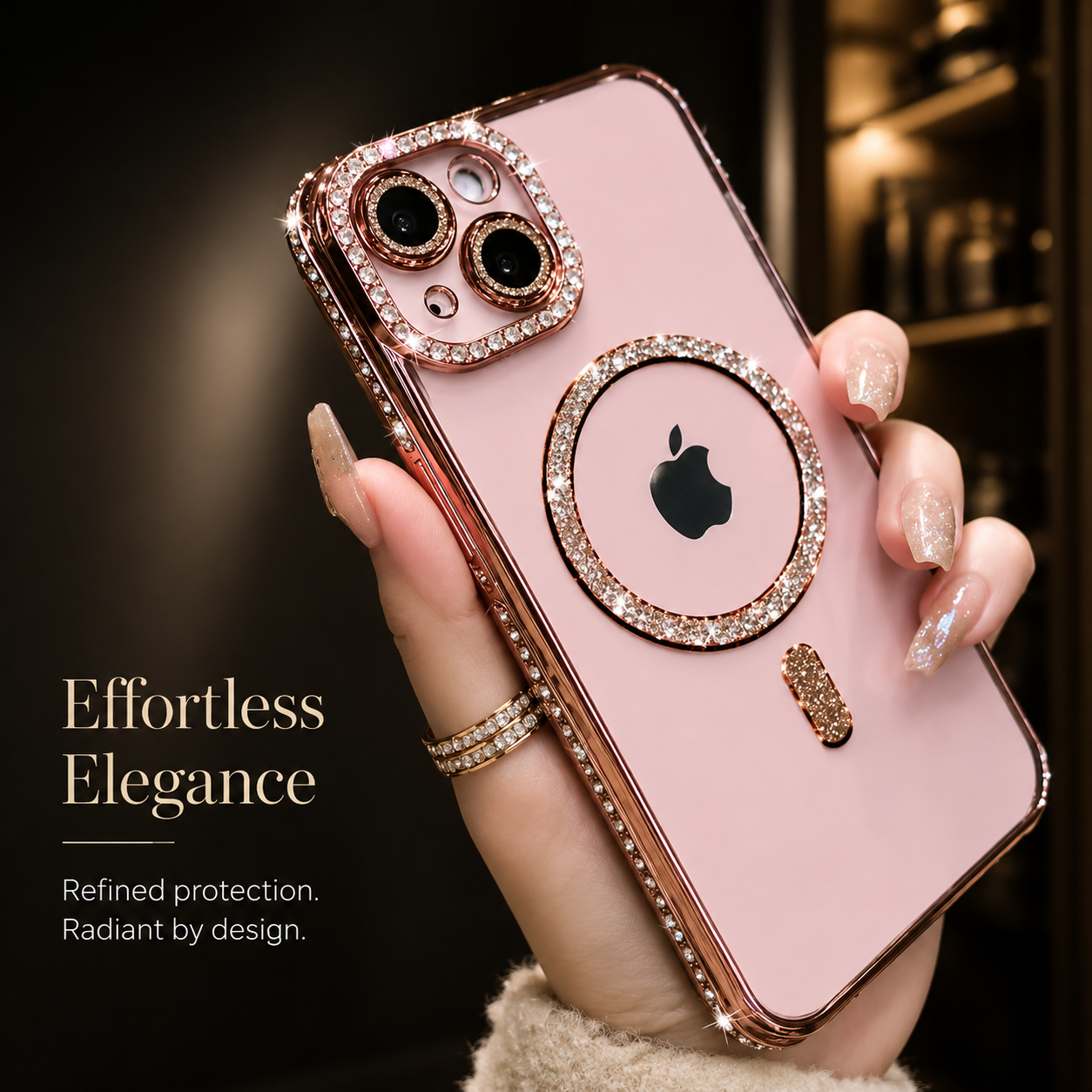 Premium iPhone Case MagSafe Compatible Pink Glitter Clear Magnetic Cover Diamond Texture Shockproof Protective Camera Lens Guard Slim Design