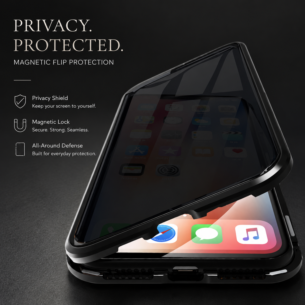 Premium iPhone Case MagSafe Compatible Privacy Screen Glass Cover 360 Full Body Magnetic Shock Absorbing Protective Camera Lens Guard Slim Design
