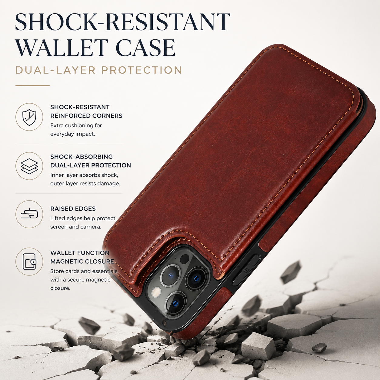 Premium iPhone Case MagSafe Compatible RFID Blocking Leather Flip Wallet Cover Card Holder Magnetic Closure Stand Shockproof Protective Design