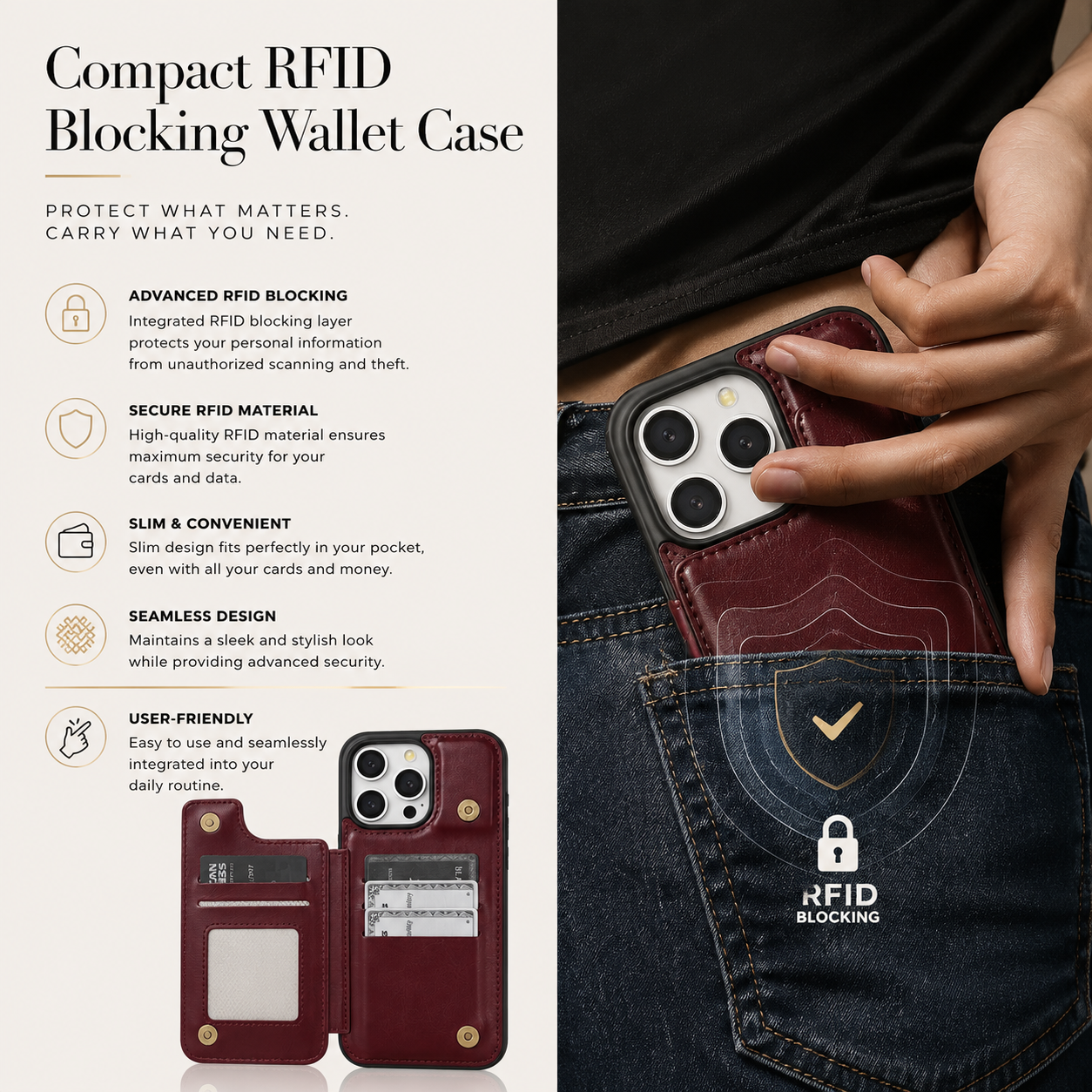 Premium iPhone Case MagSafe Compatible RFID Blocking Leather Flip Wallet Cover Card Holder Magnetic Closure Stand Shockproof Protective Design