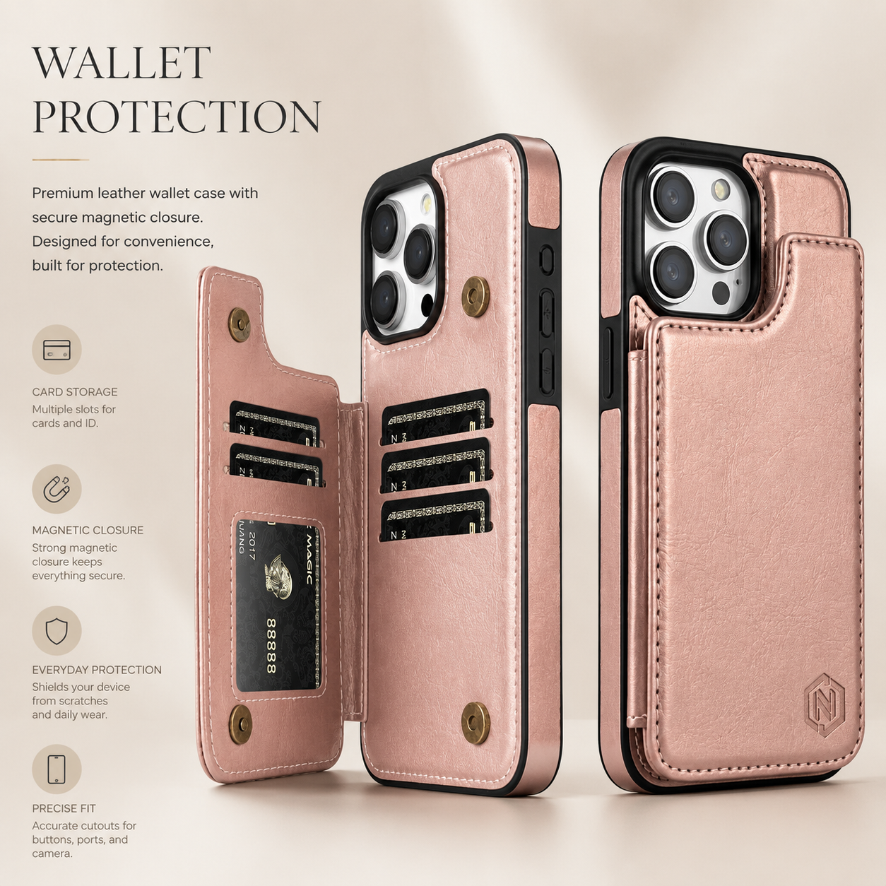 Premium iPhone Case MagSafe Compatible RFID Blocking Leather Flip Wallet Cover Card Holder Magnetic Closure Stand Shockproof Protective Design