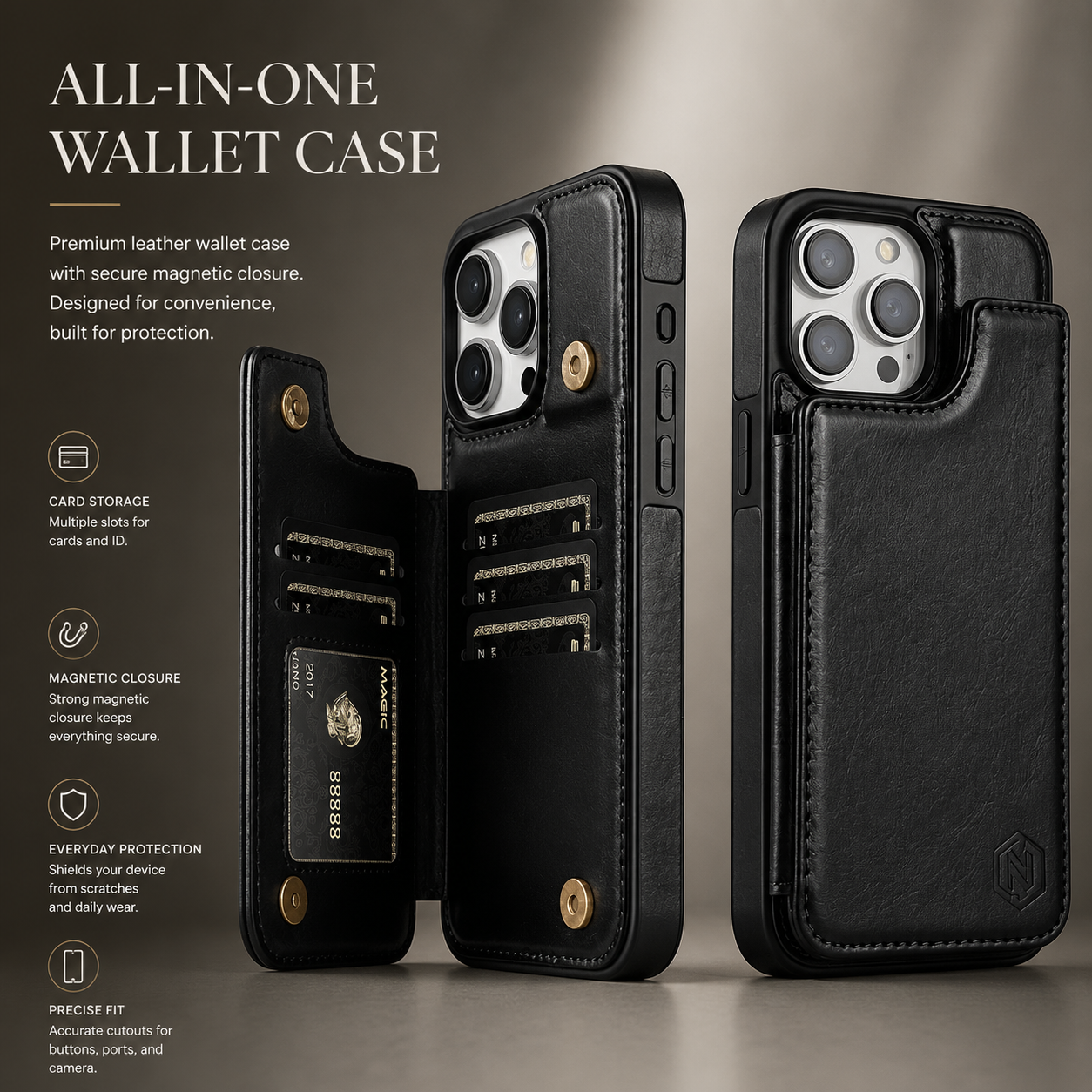 Premium iPhone Case MagSafe Compatible RFID Blocking Leather Flip Wallet Cover Card Holder Magnetic Closure Stand Shockproof Protective Design