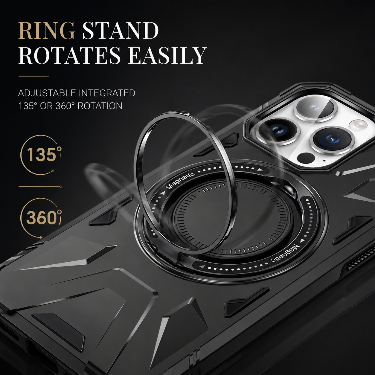 Premium iPhone Case MagSafe Compatible Rugged Armor Cover Hard PC Ring Stand Magnetic Shockproof Protective 360 Rotating Kickstand Camera Lens Guard