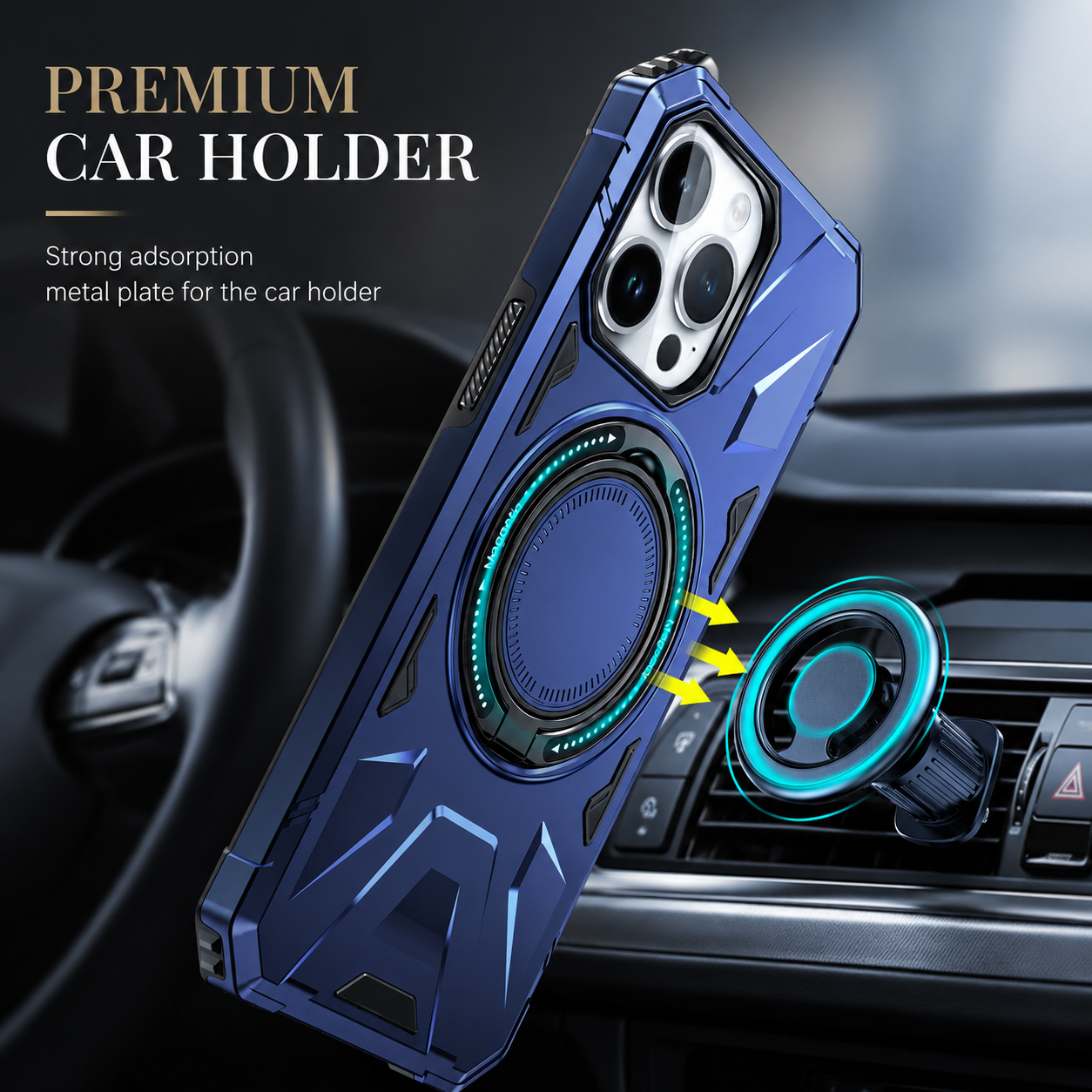 Premium iPhone Case MagSafe Compatible Rugged Armor Cover Hard PC Ring Stand Magnetic Shockproof Protective 360 Rotating Kickstand Camera Lens Guard
