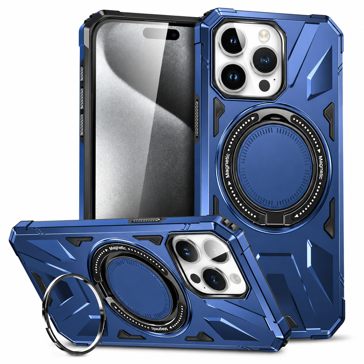Premium iPhone Case MagSafe Compatible Rugged Armor Cover Hard PC Ring Stand Magnetic Shockproof Protective 360 Rotating Kickstand Camera Lens Guard