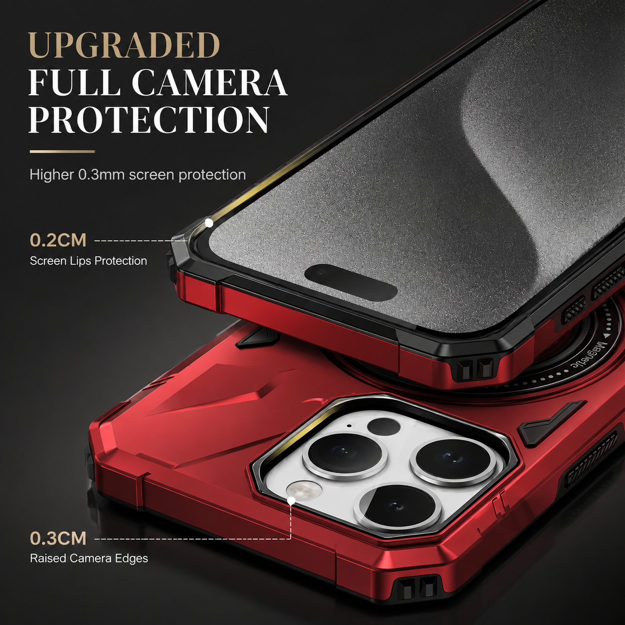 Premium iPhone Case MagSafe Compatible Rugged Armor Cover Hard PC Ring Stand Magnetic Shockproof Protective 360 Rotating Kickstand Camera Lens Guard