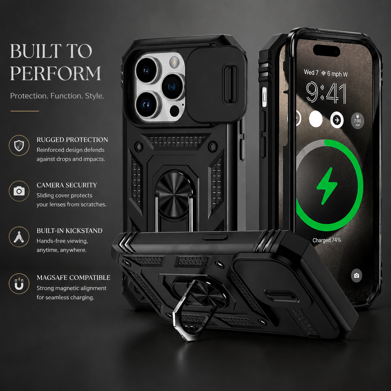 Premium iPhone Case MagSafe Compatible Rugged Armor Cover Kickstand Card Holder Magnetic Shockproof Heavy Duty Protective Camera Guard 360 Design