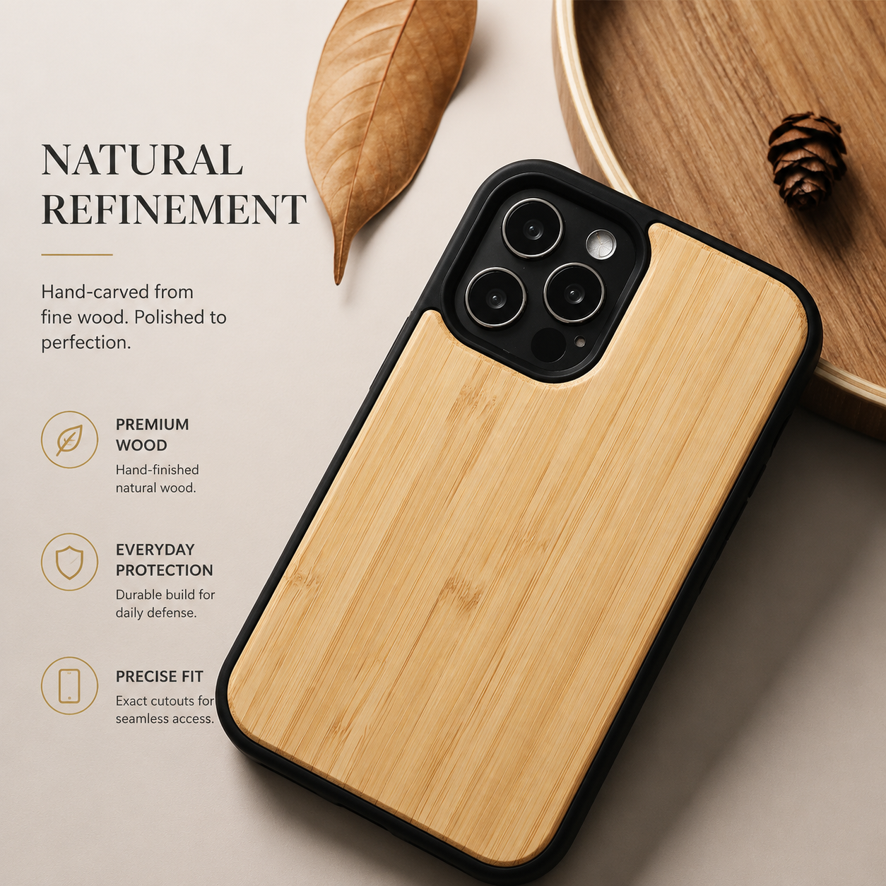 Premium iPhone Case MagSafe Compatible Solid Bamboo Wood Hard Back Cover Shockproof Protective Slim Camera Lens Protection Natural Grain Design
