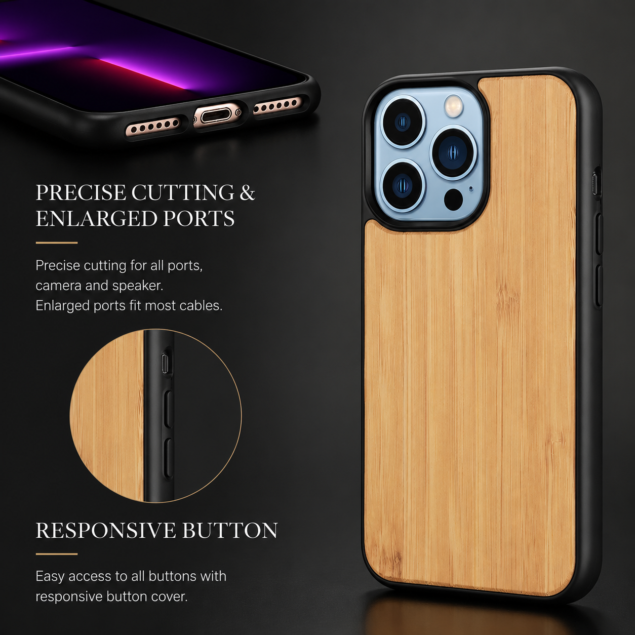 Premium iPhone Case MagSafe Compatible Solid Bamboo Wood Hard Back Cover Shockproof Protective Slim Camera Lens Protection Natural Grain Design