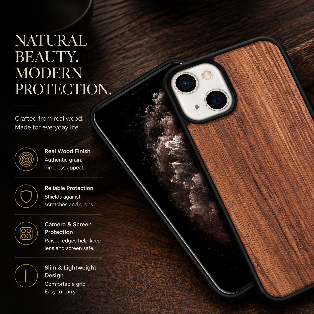 Premium iPhone Case MagSafe Compatible Solid Bamboo Wood Hard Back Cover Shockproof Protective Slim Camera Lens Protection Natural Grain Design