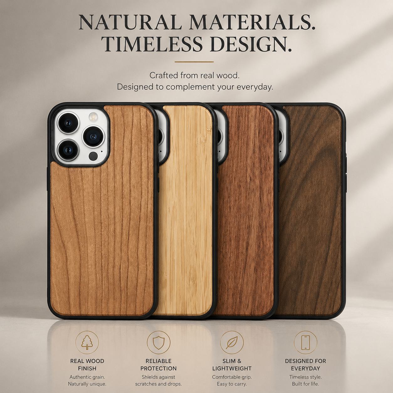 Premium iPhone Case MagSafe Compatible Solid Bamboo Wood Hard Back Cover Shockproof Protective Slim Camera Lens Protection Natural Grain Design