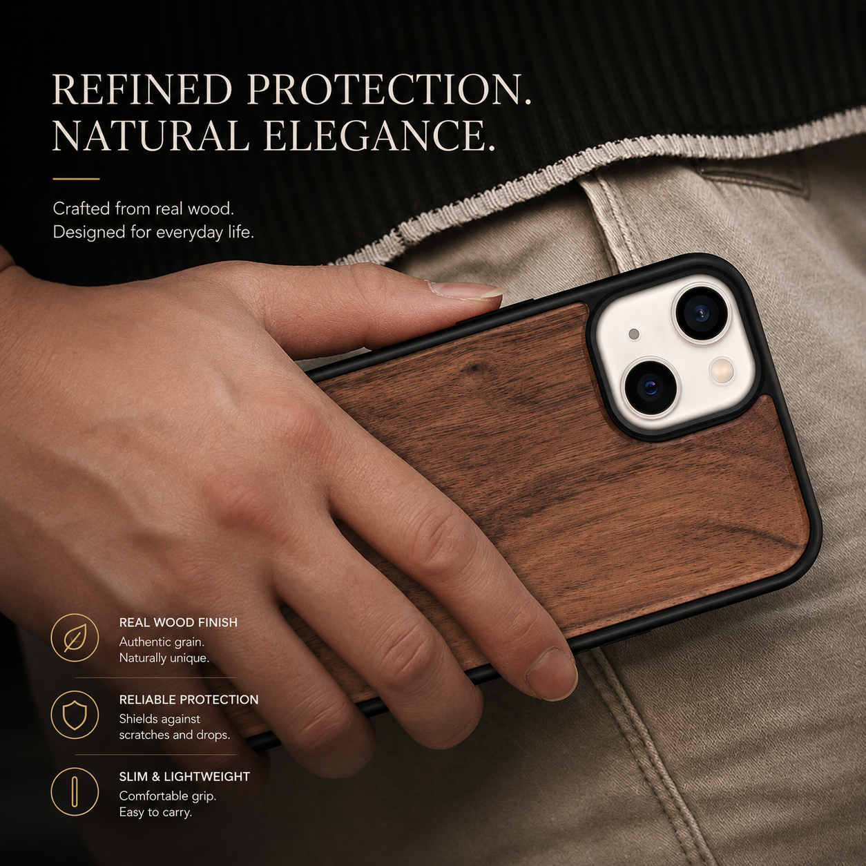 Premium iPhone Case MagSafe Compatible Solid Bamboo Wood Hard Back Cover Shockproof Protective Slim Camera Lens Protection Natural Grain Design